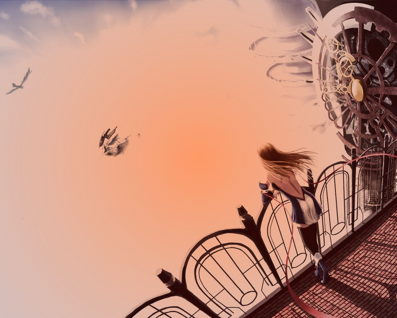 Девушка в городе над облаками обои