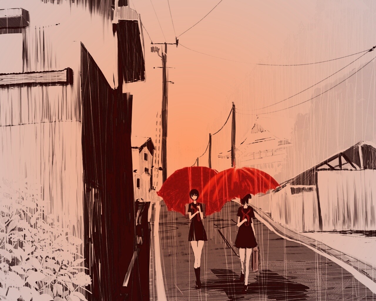 Девушки с красными зонтами обои