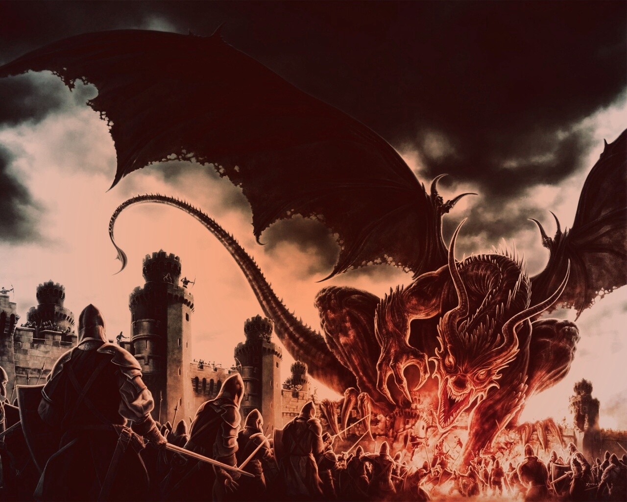 Дракон нападает на замок обои
