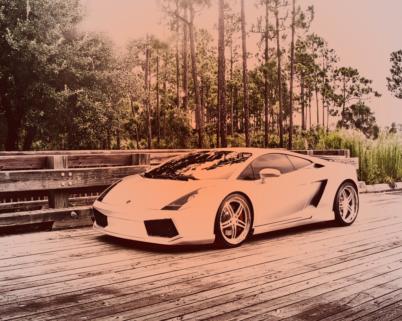 Ламбоджини на мосту в лесу обои