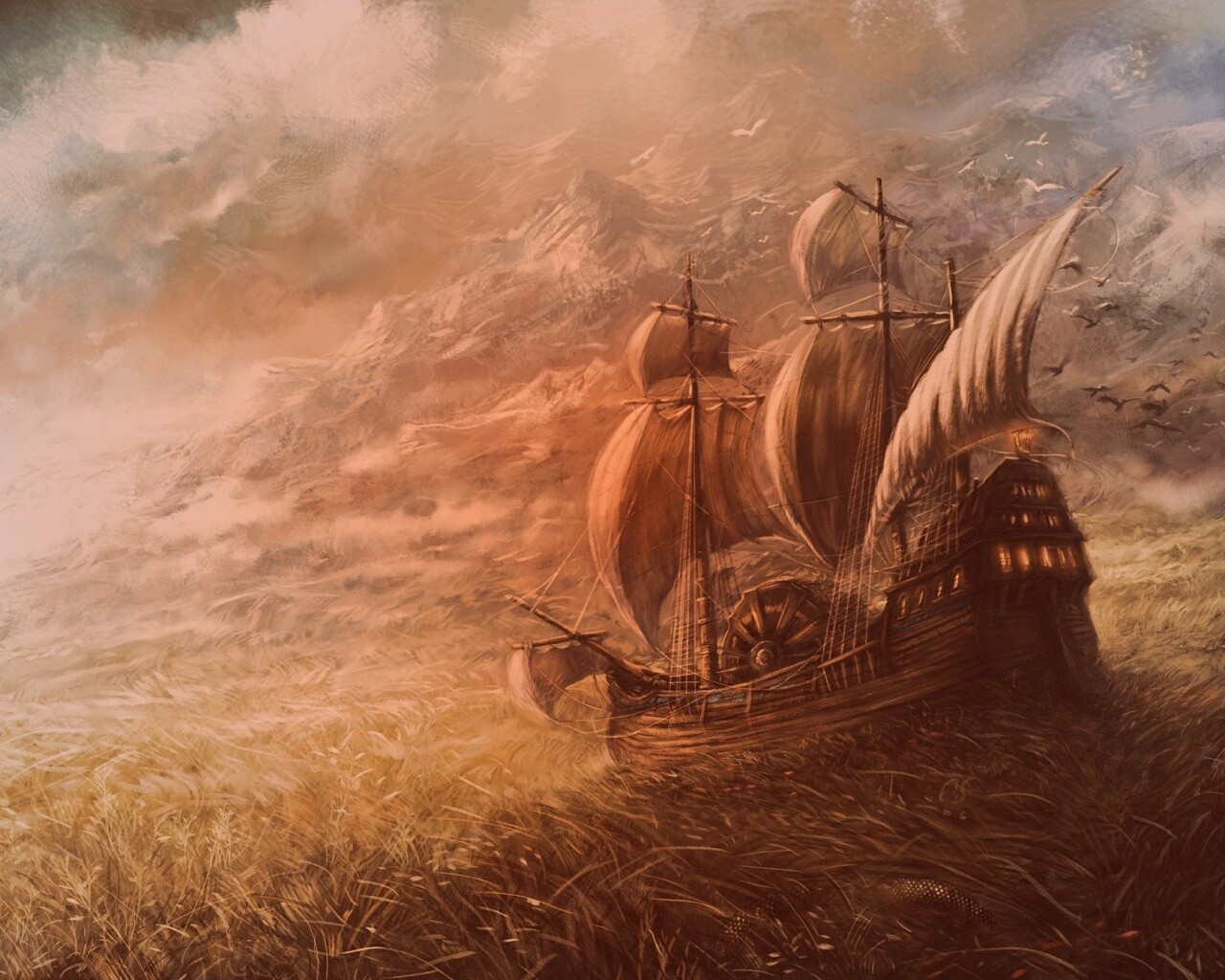 Корабль в море травы обои