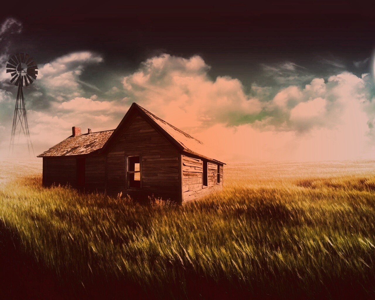 Домик в поле обои