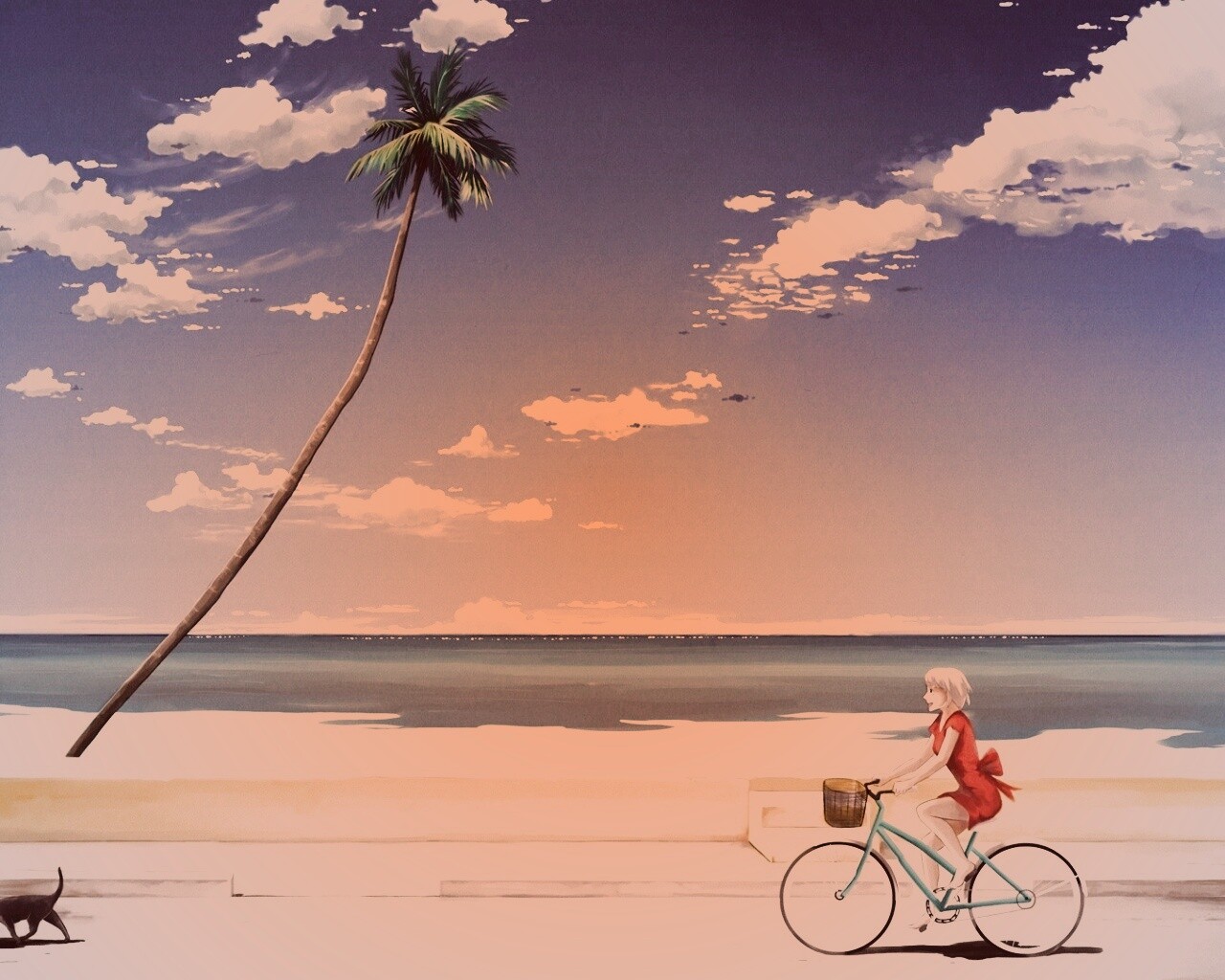 Девушка едет на велосипеде вдоль берега обои