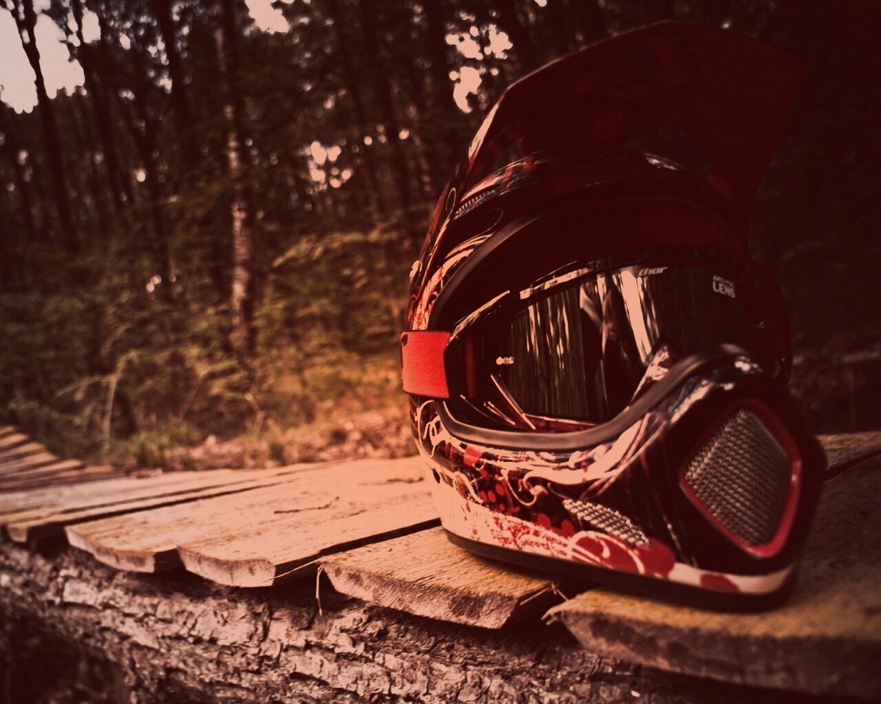 Шлем на лесной велотрассе обои