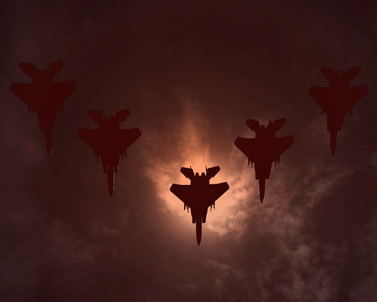 Ряд истрибителей на фоне солнца обои