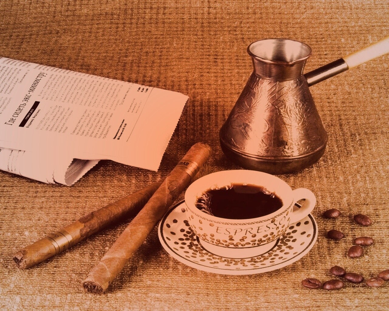 Утренний кофе, газета и сигары обои