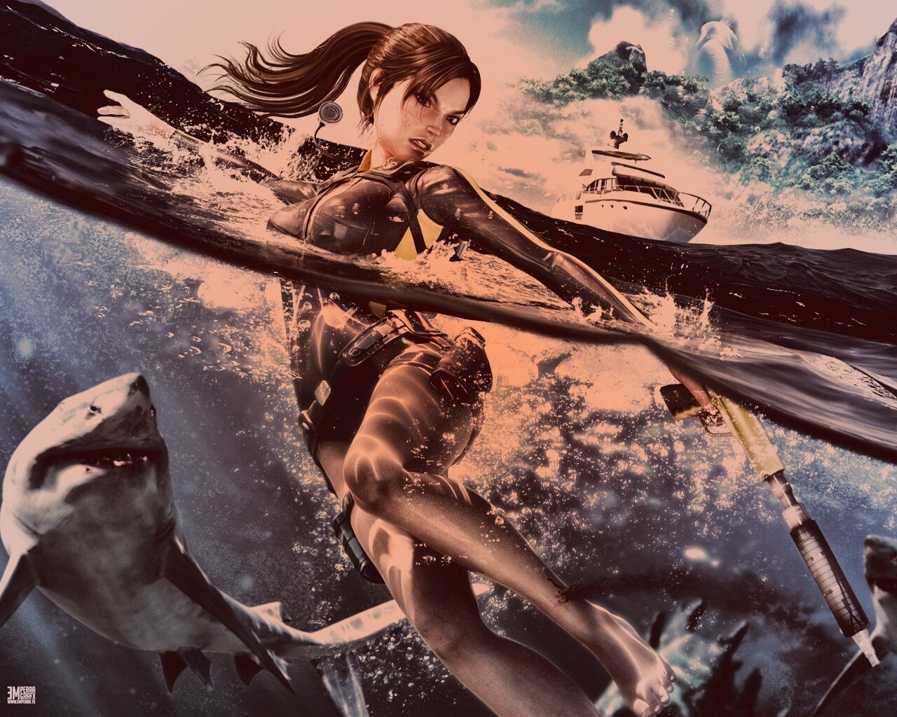 Лара Крофт против акул обои