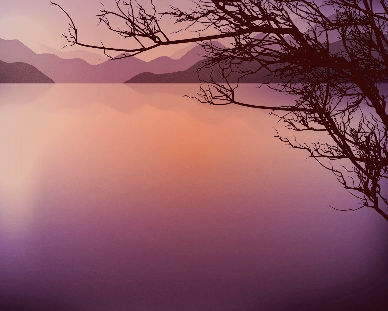 Ветка над вечерним озером обои