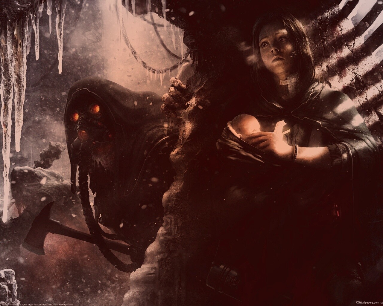 Девушка с ребенком прячется от монстра обои