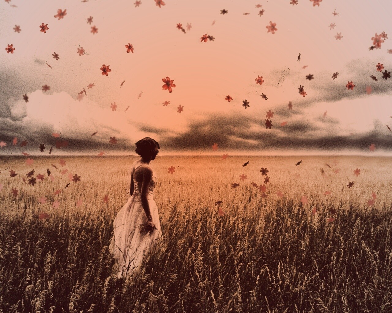 Грустная девушка в поле травы обои