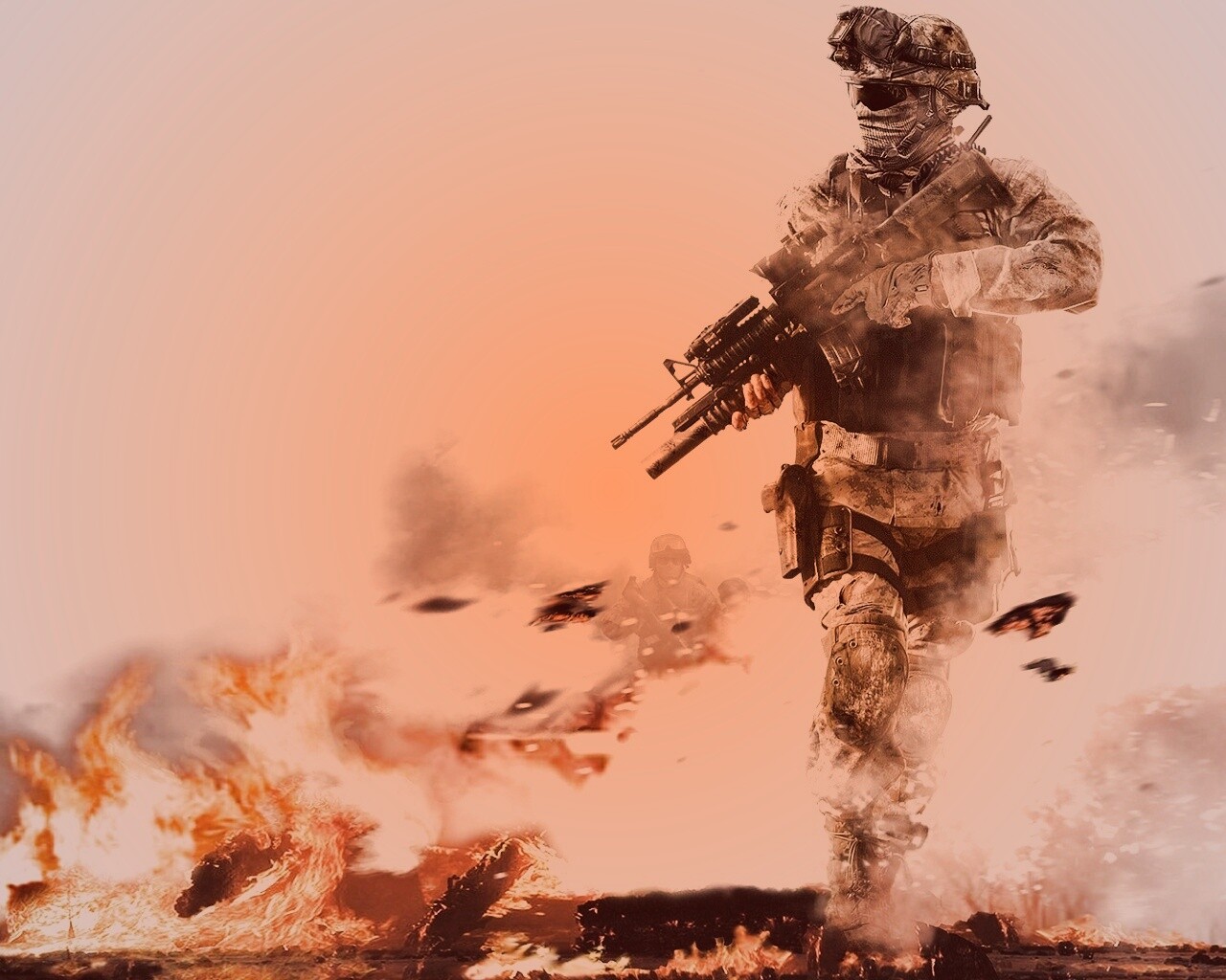 Солдат на фоне огня обои