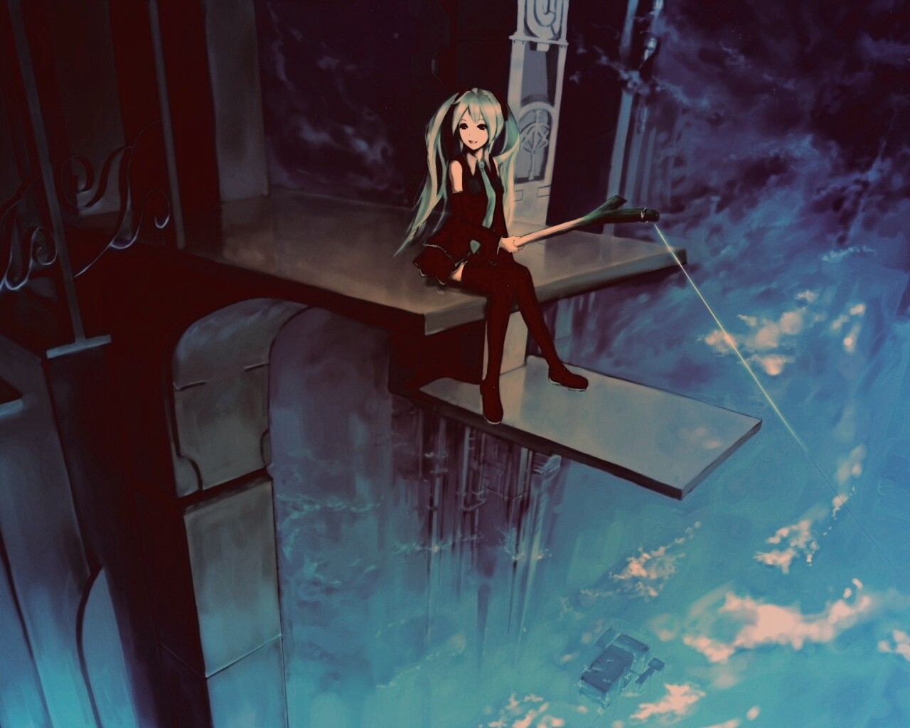 Хатсуне Мику с удочкой обои