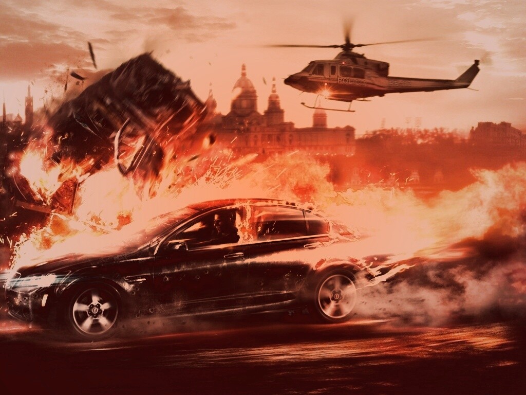 Погоня за горящей машиной обои