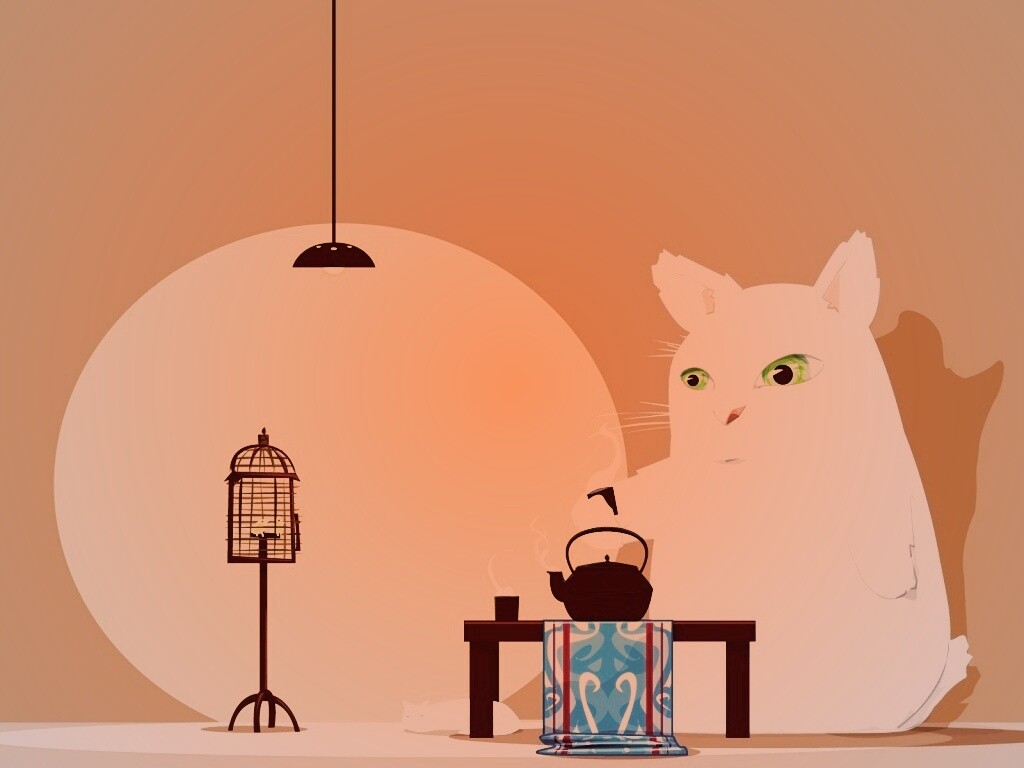 Кот пьет чай обои