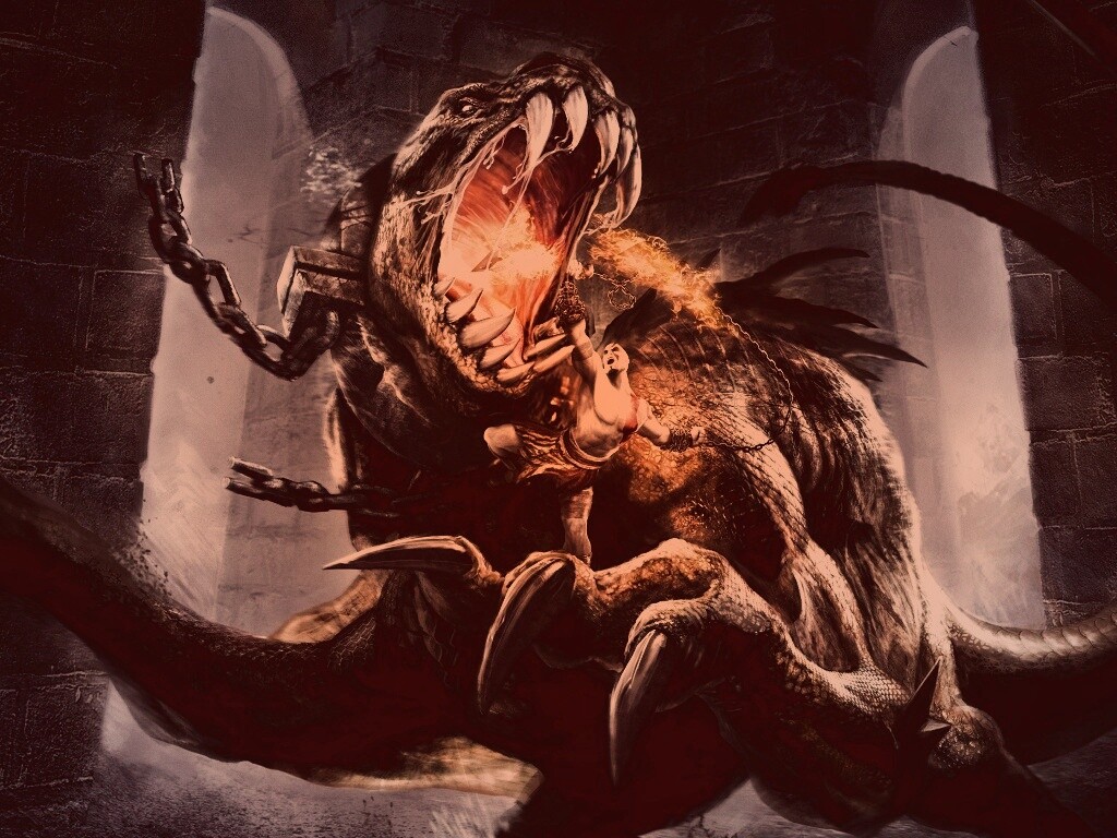 Кратос против динозавра обои