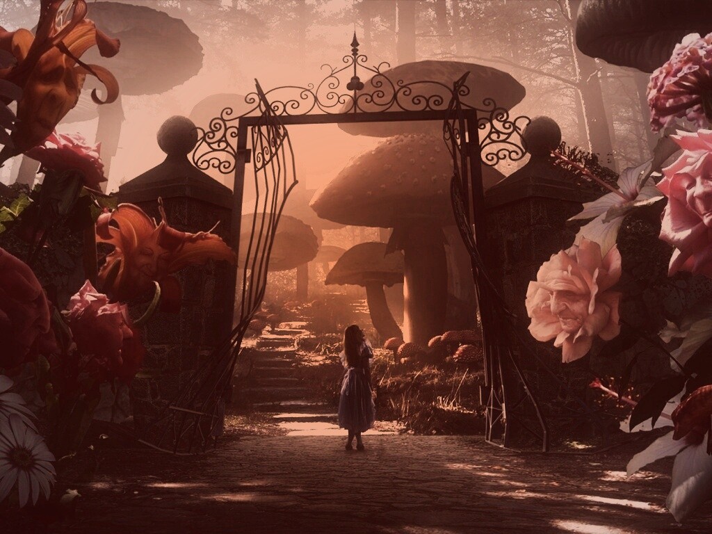 Алиса в стране чудес среди живых цветов обои