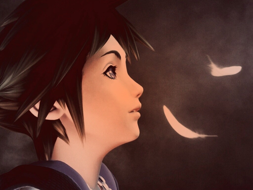 Анимешный парень и белые перья обои