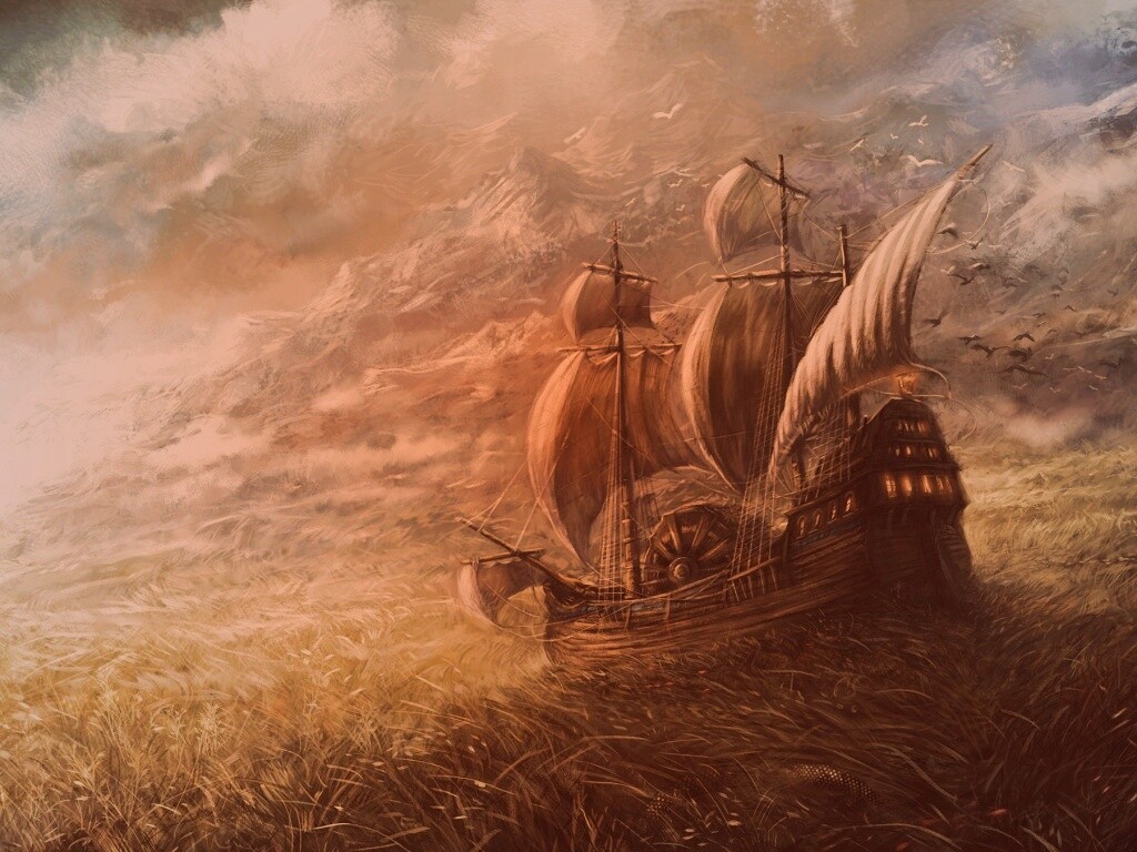 Корабль в море травы обои