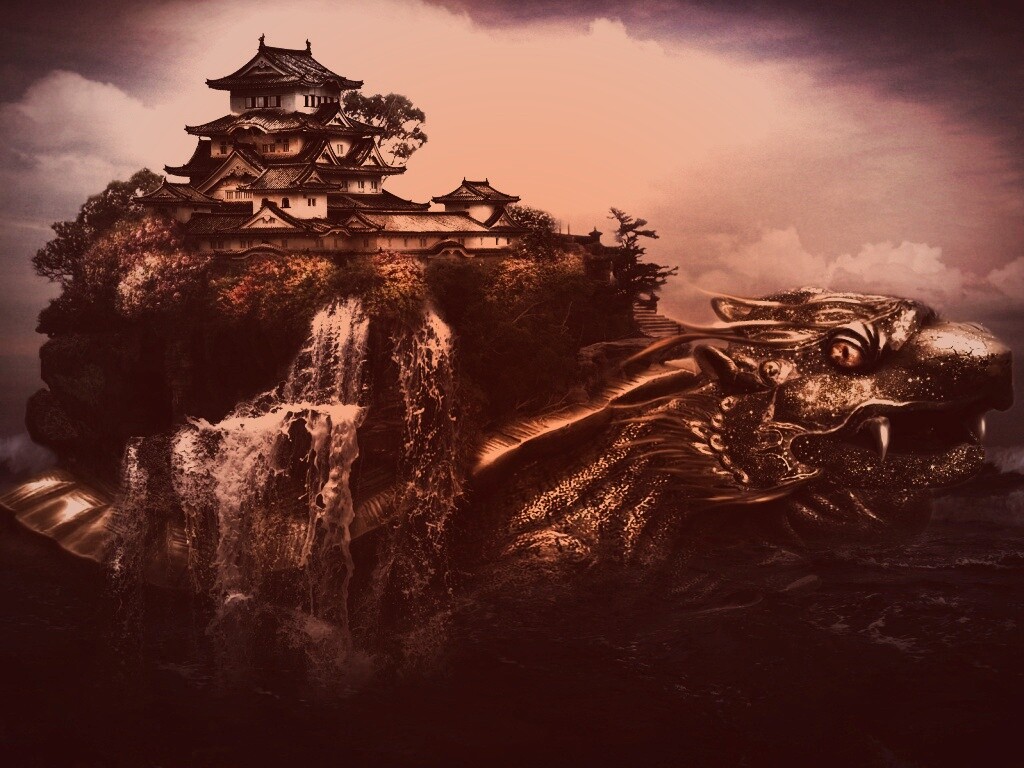 Золотая черепаха и китайская пагода в океане обои