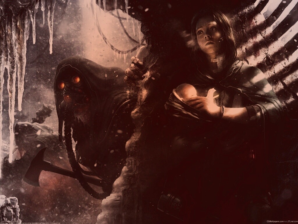 Девушка с ребенком прячется от монстра обои