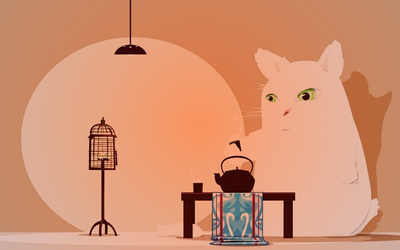 Кот пьет чай обои