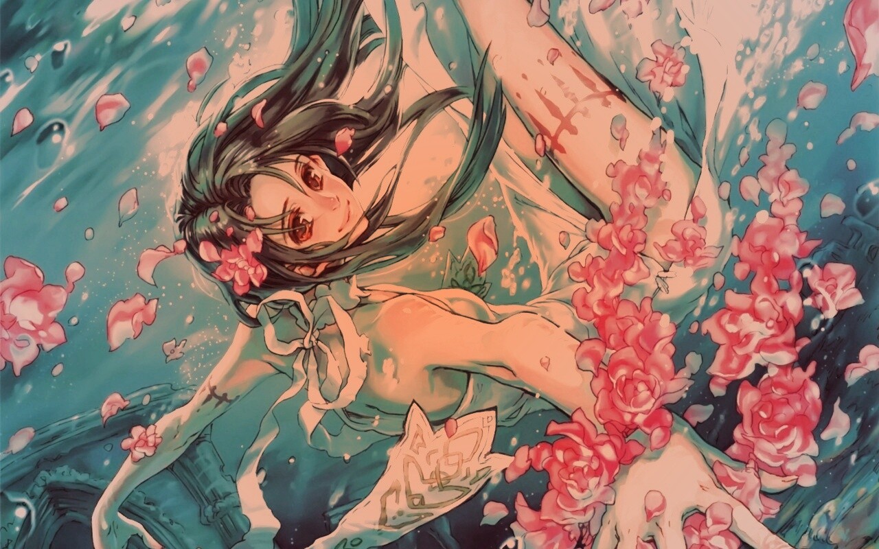 Девушка из аниме под водой обои