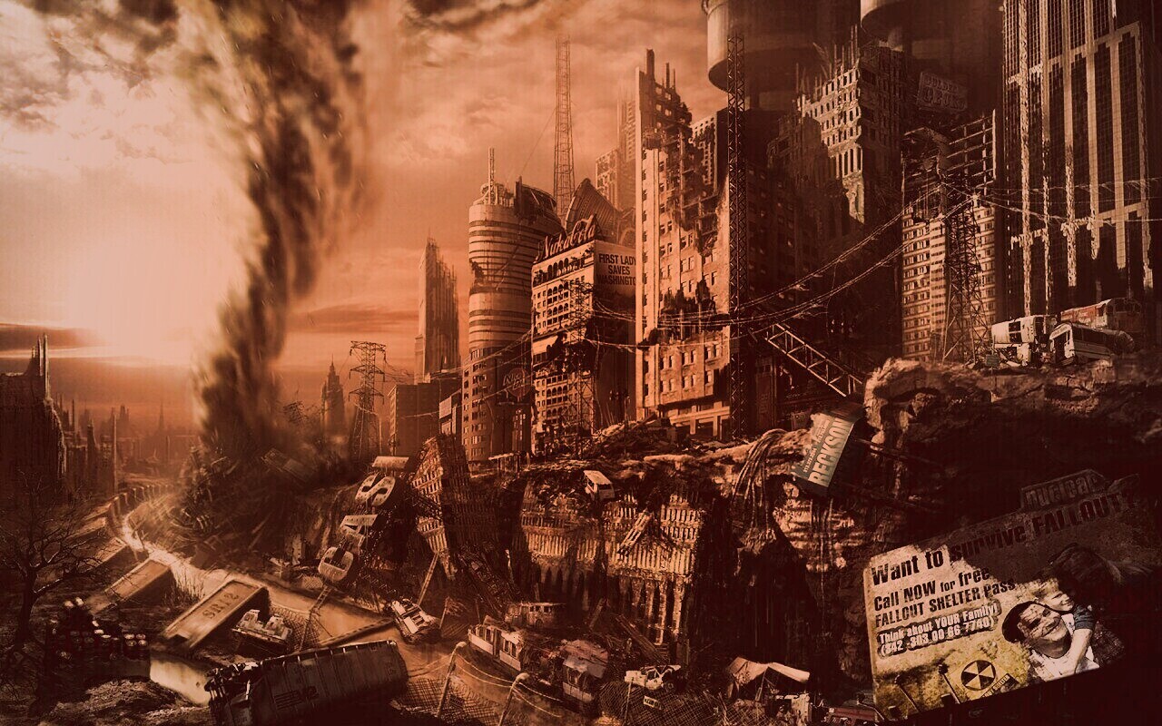 Торнадо в разрушенном городе обои