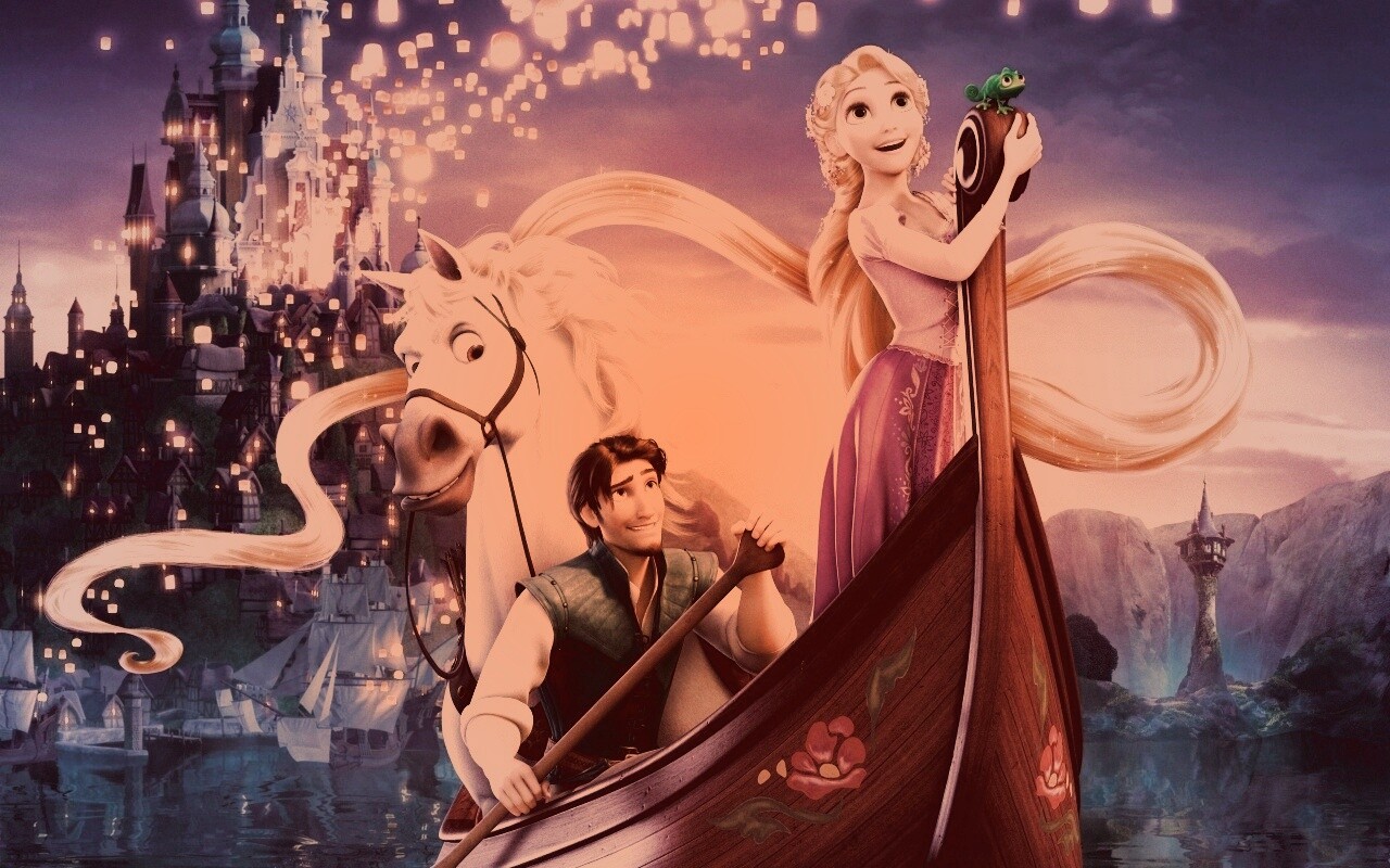 Рапунцель и Флин на лодке обои