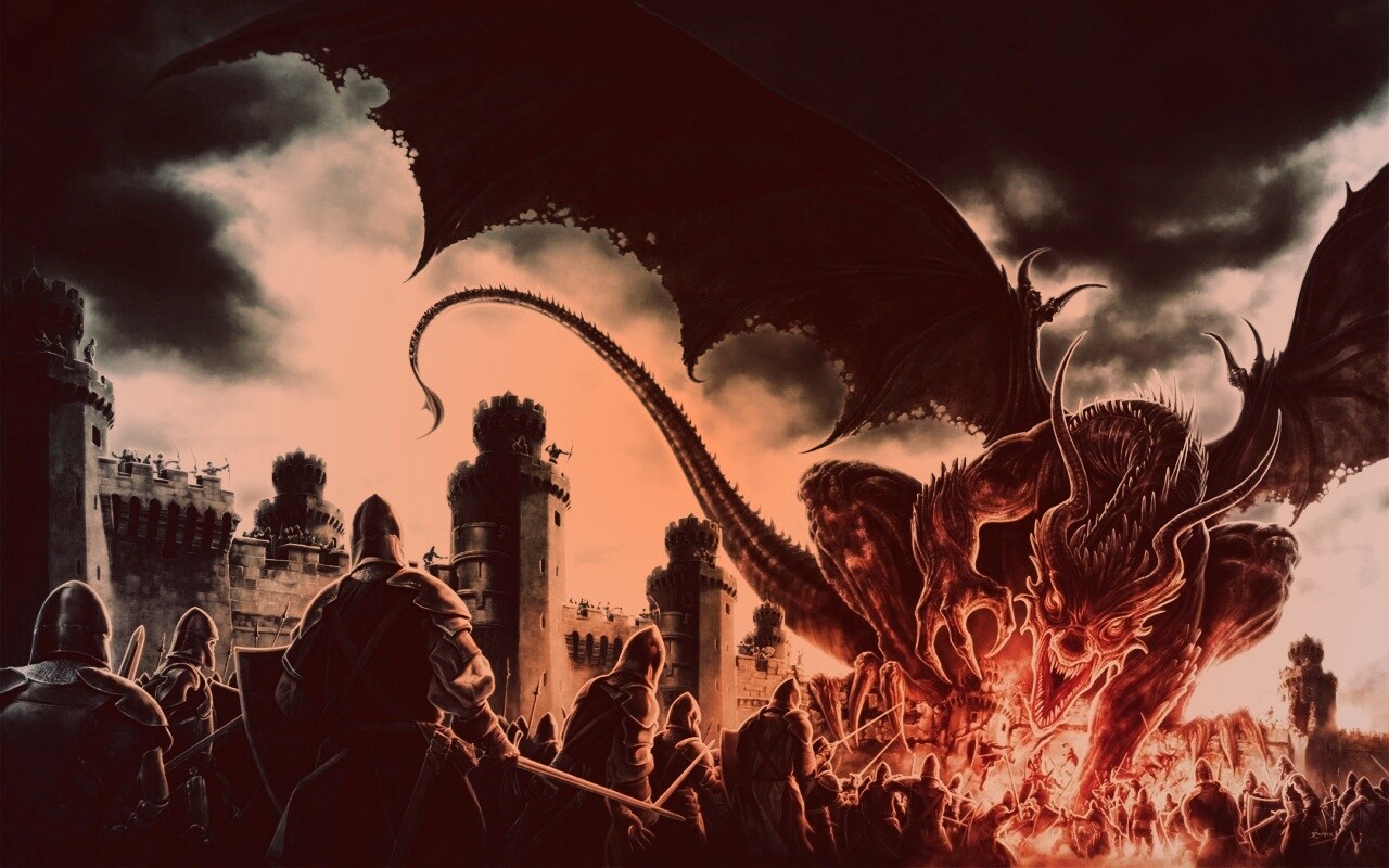 Дракон нападает на замок обои