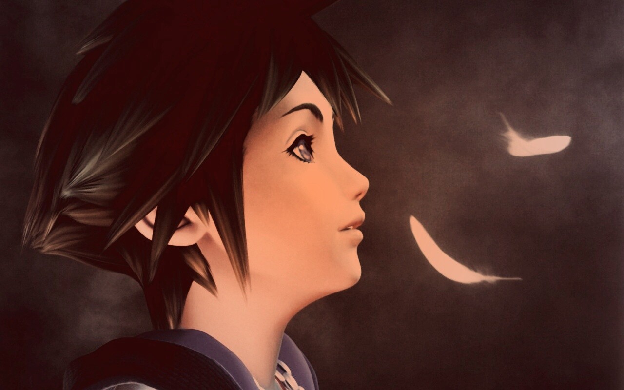 Анимешный парень и белые перья обои