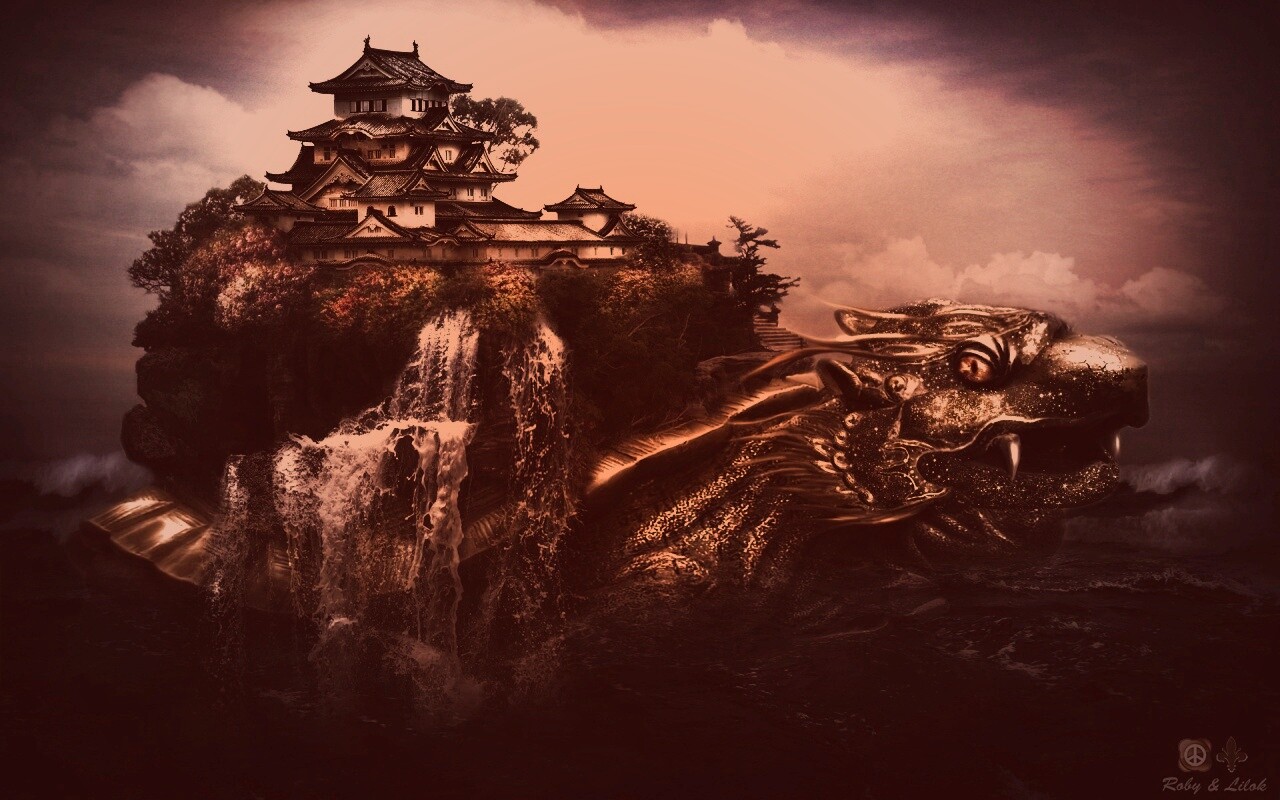 Золотая черепаха и китайская пагода в океане обои