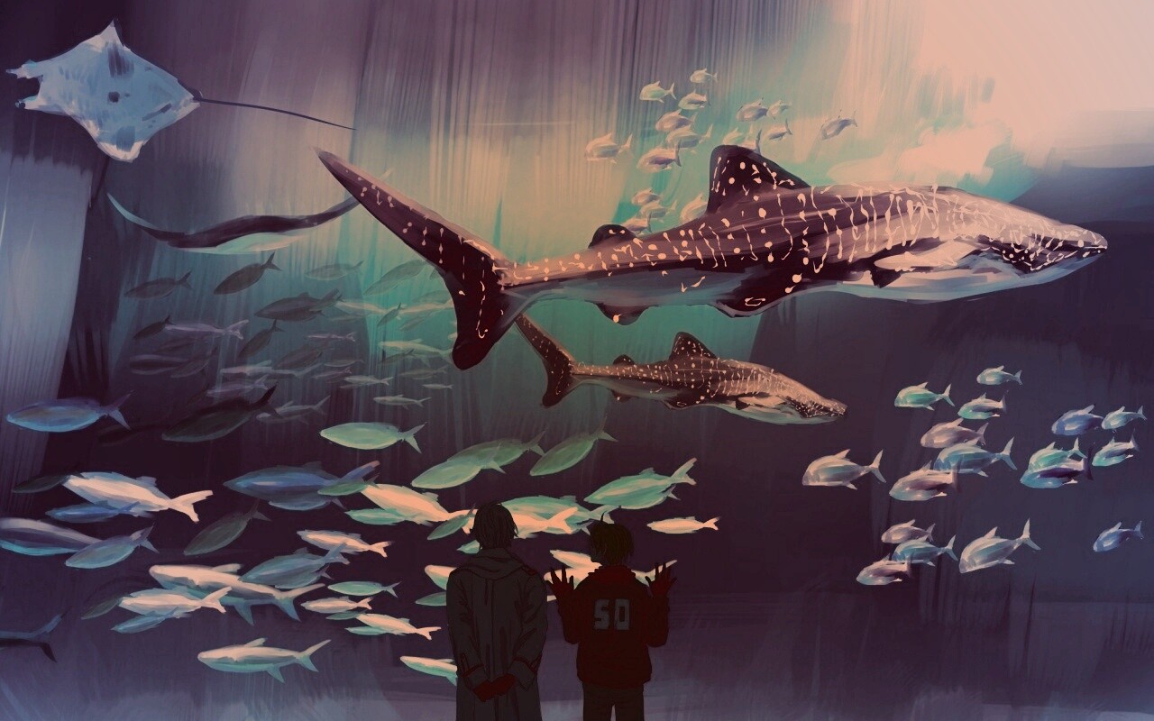 Двое в океанариуме обои