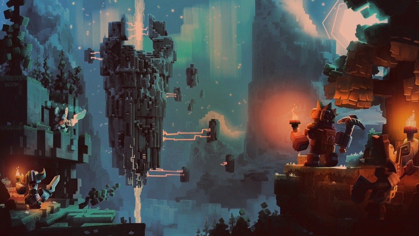 Парень с киркой и факелом смотрит в даль обои