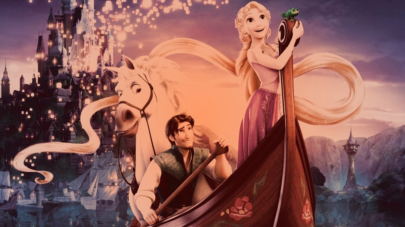 Рапунцель и Флин на лодке обои