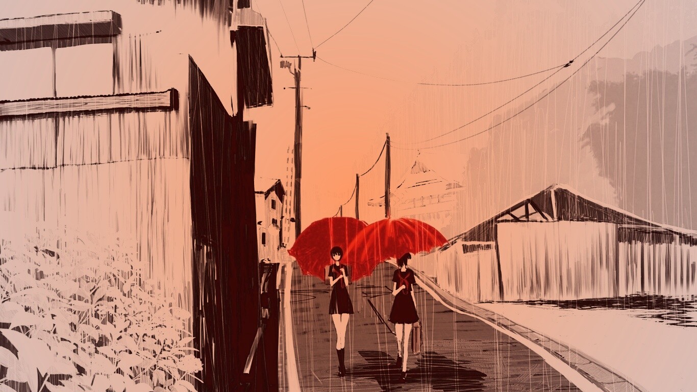 Девушки с красными зонтами обои