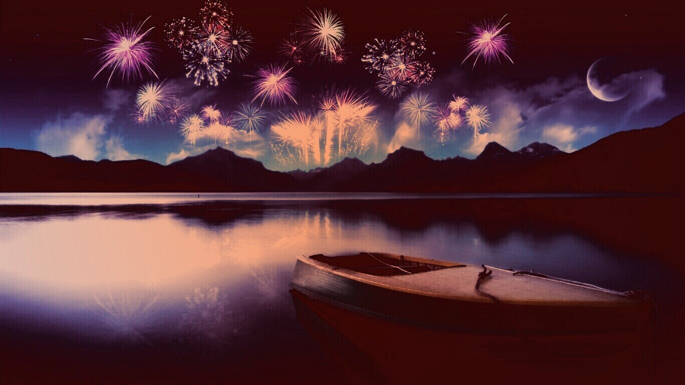 Фейрверк над озером обои