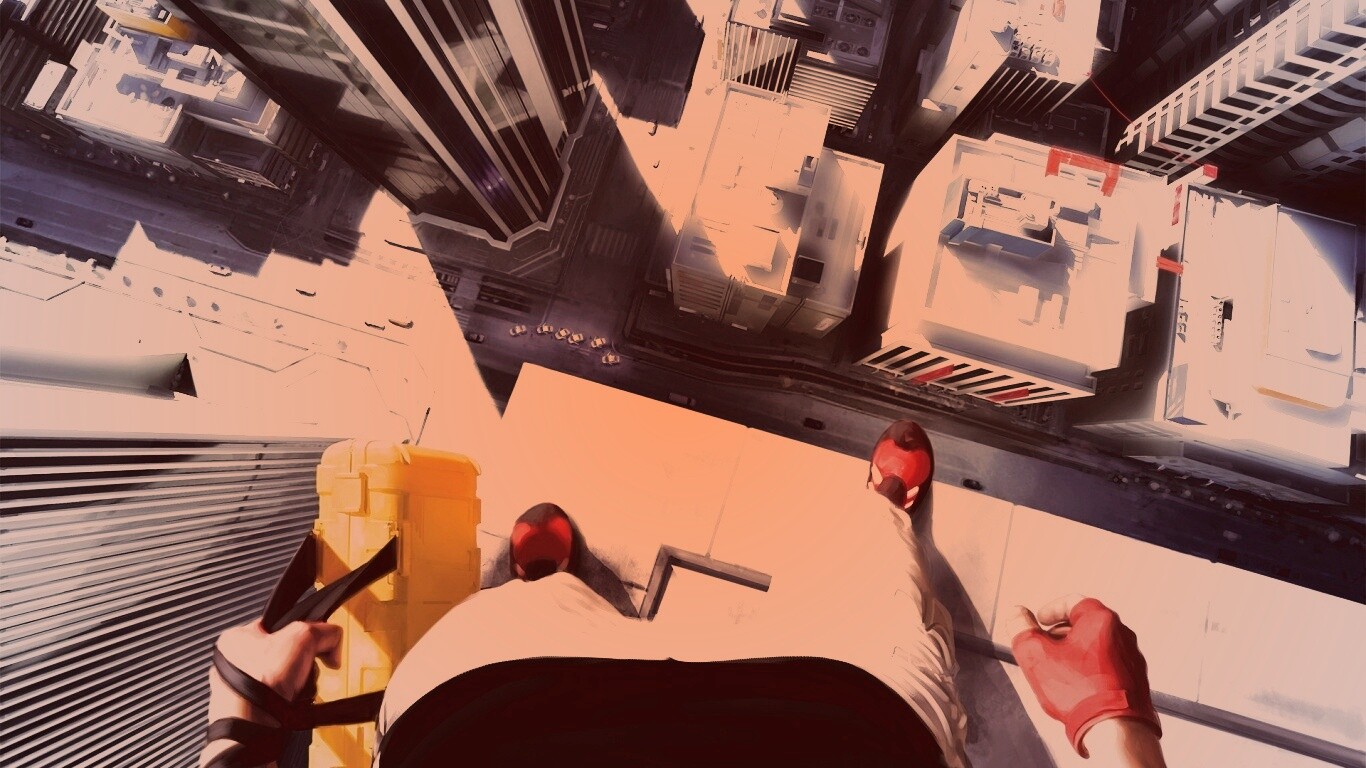 Фейт на краю небоскреба обои