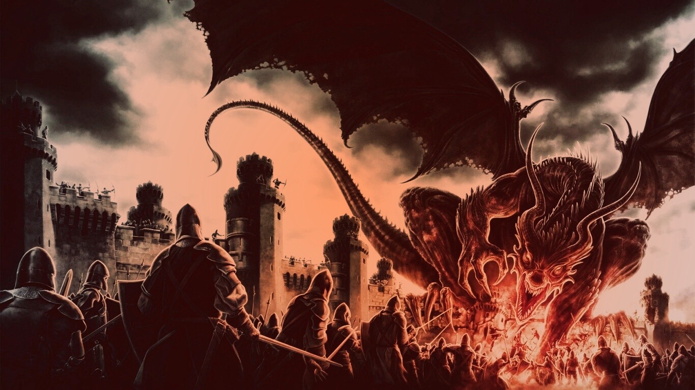 Дракон нападает на замок обои