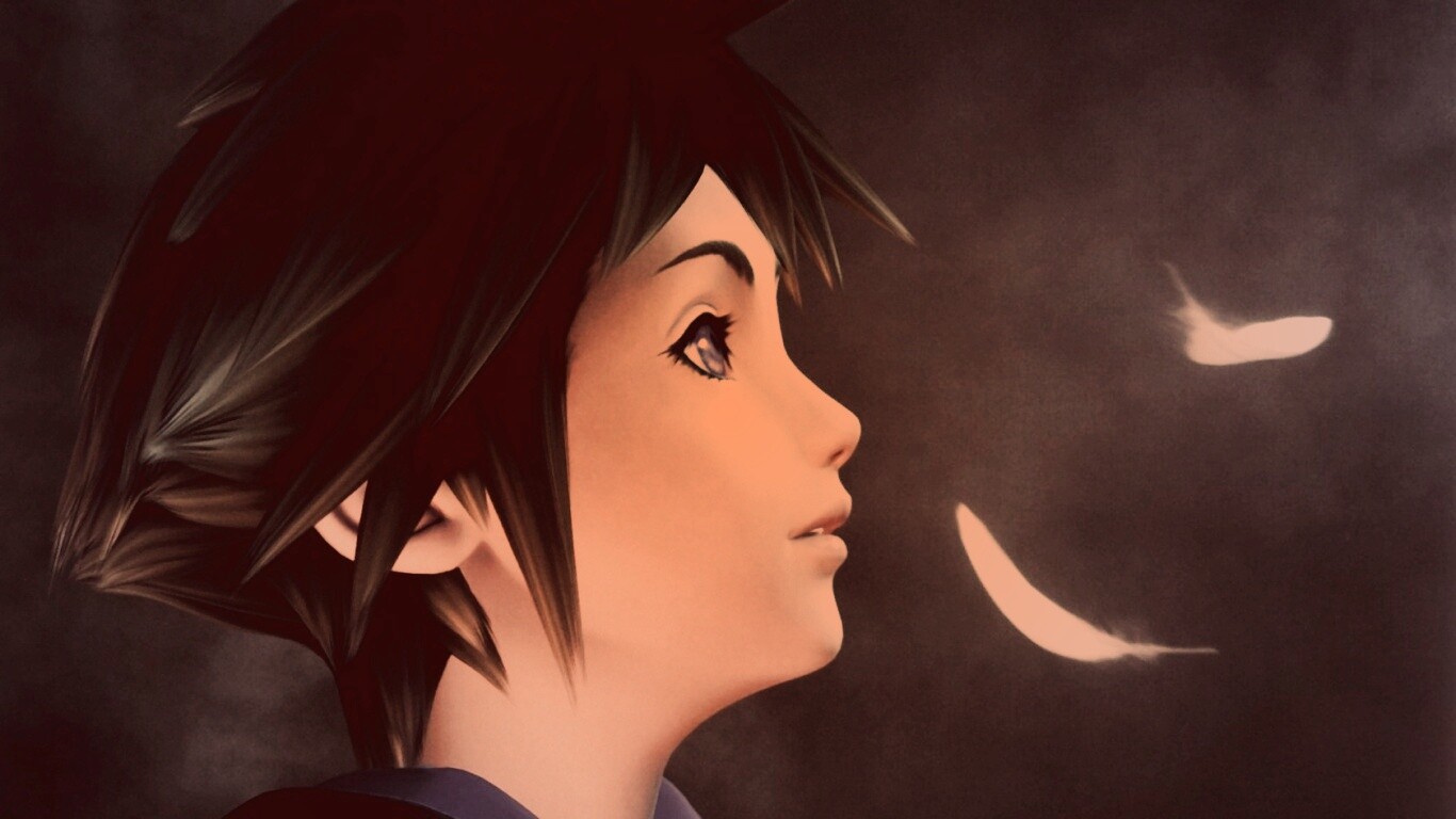 Анимешный парень и белые перья обои