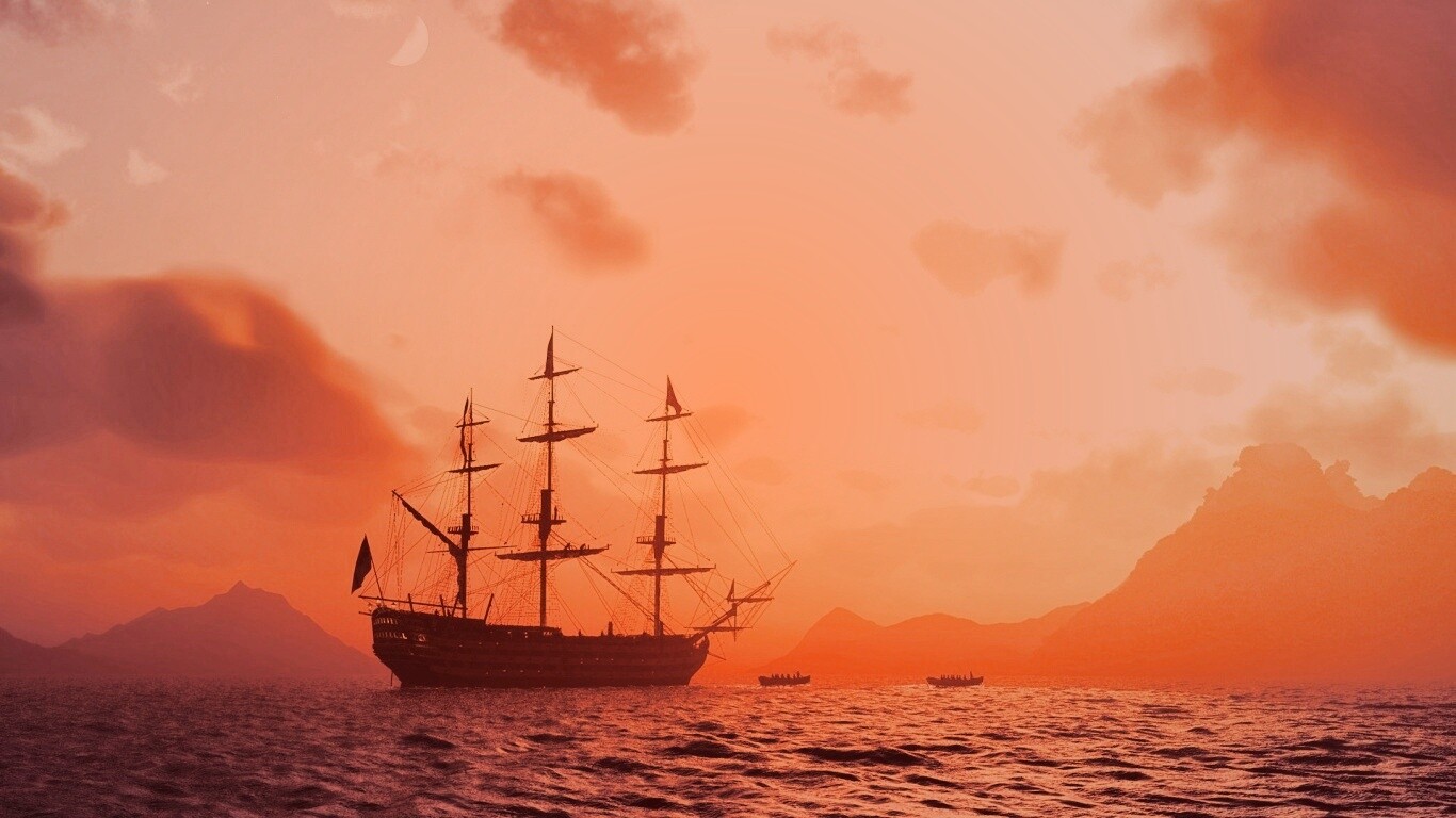 Трехпалубный парусный корабль на закате обои