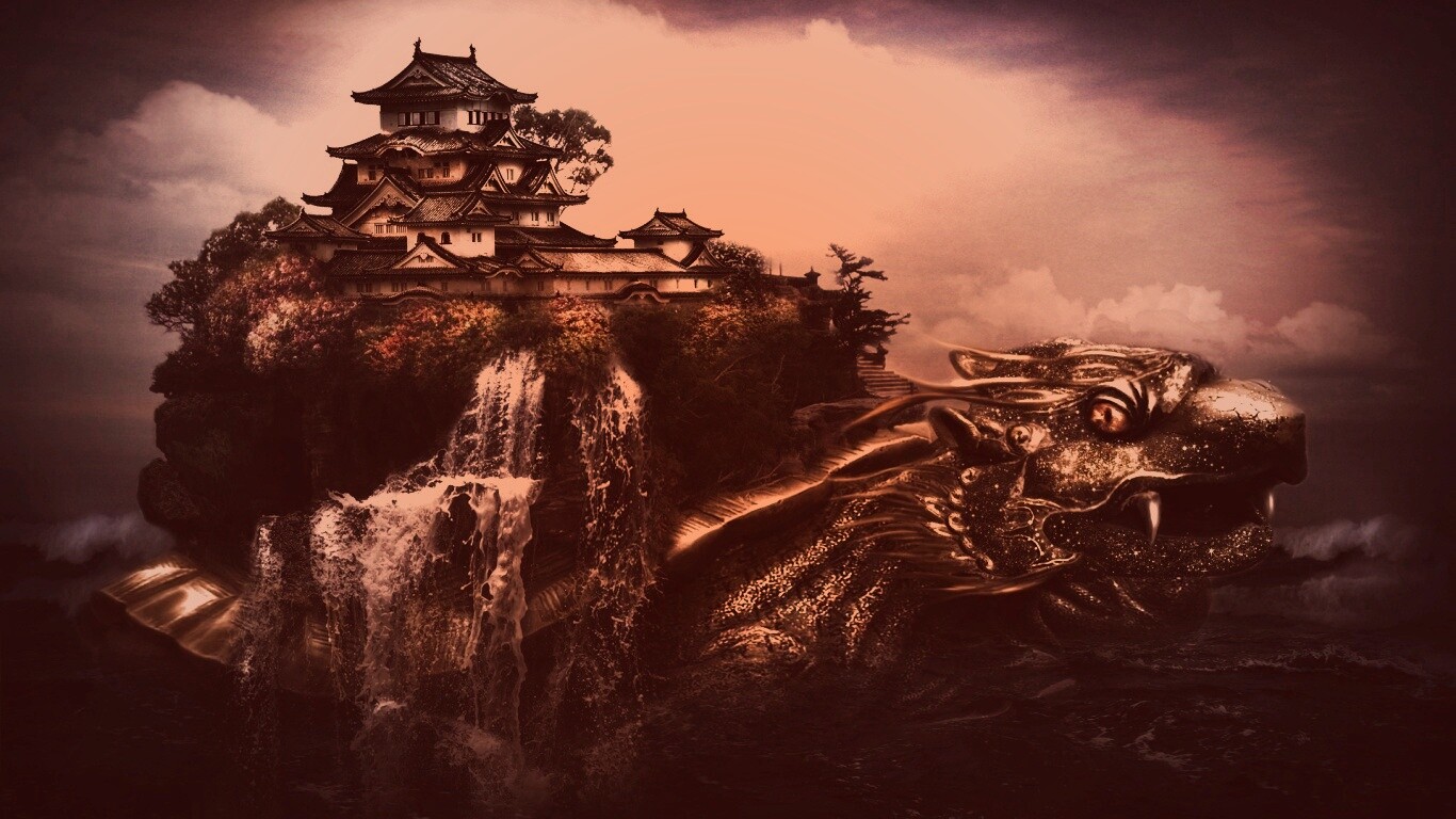 Золотая черепаха и китайская пагода в океане обои