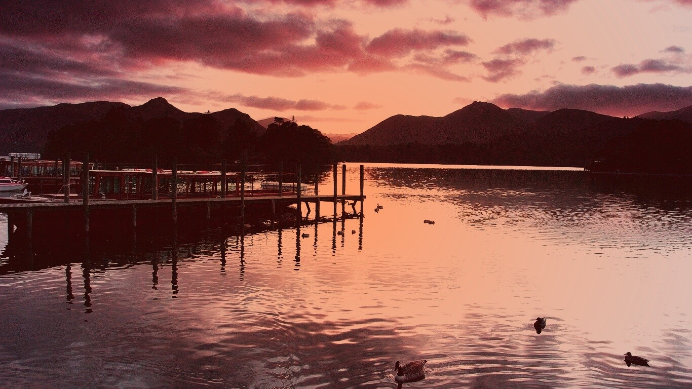 Причал на озере и утки обои