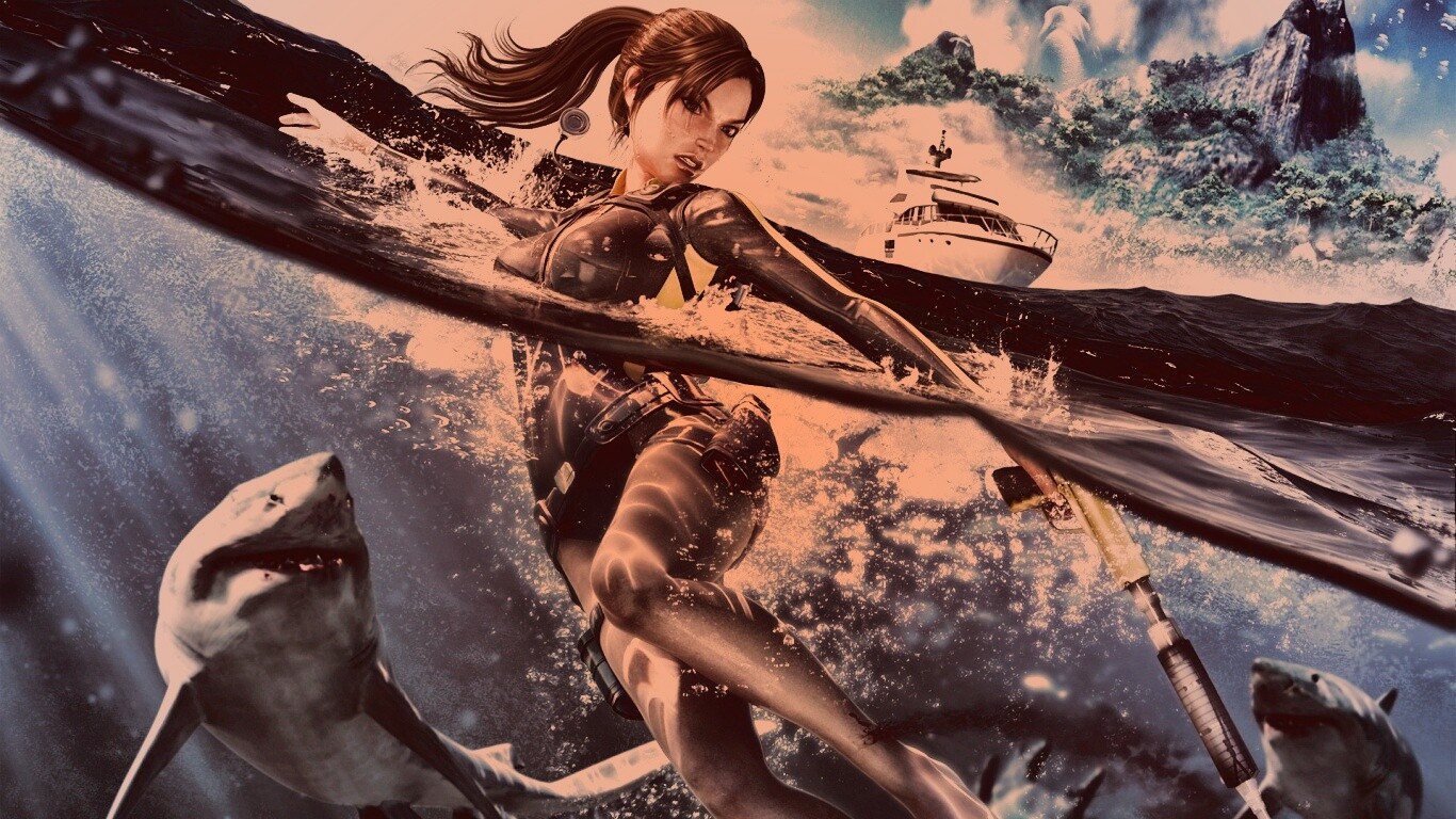 Лара Крофт против акул обои