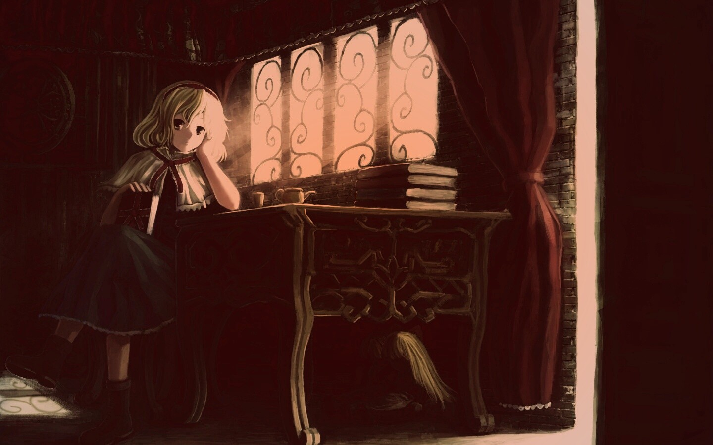 Девочка за столом с книгами обои