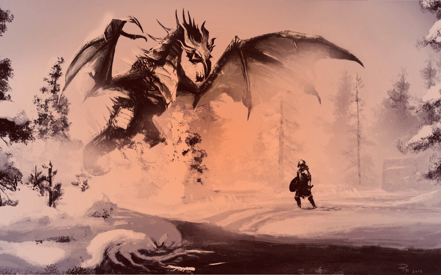 Скайрим: битва с ледяным драконом обои