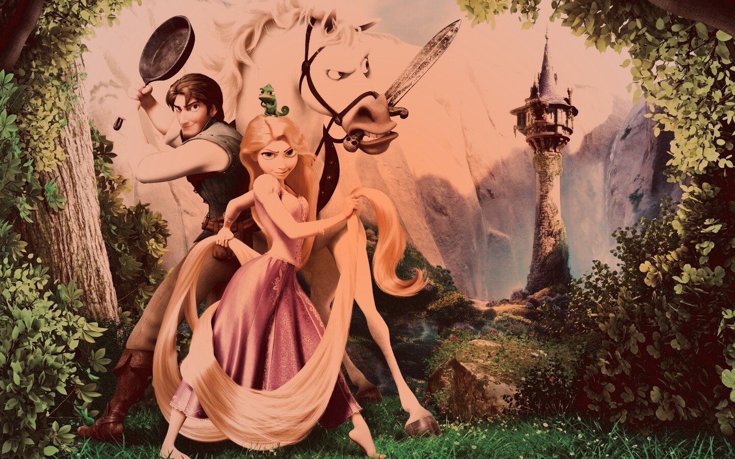 Рапунцель, Флин, Максимус и Паскаль обои