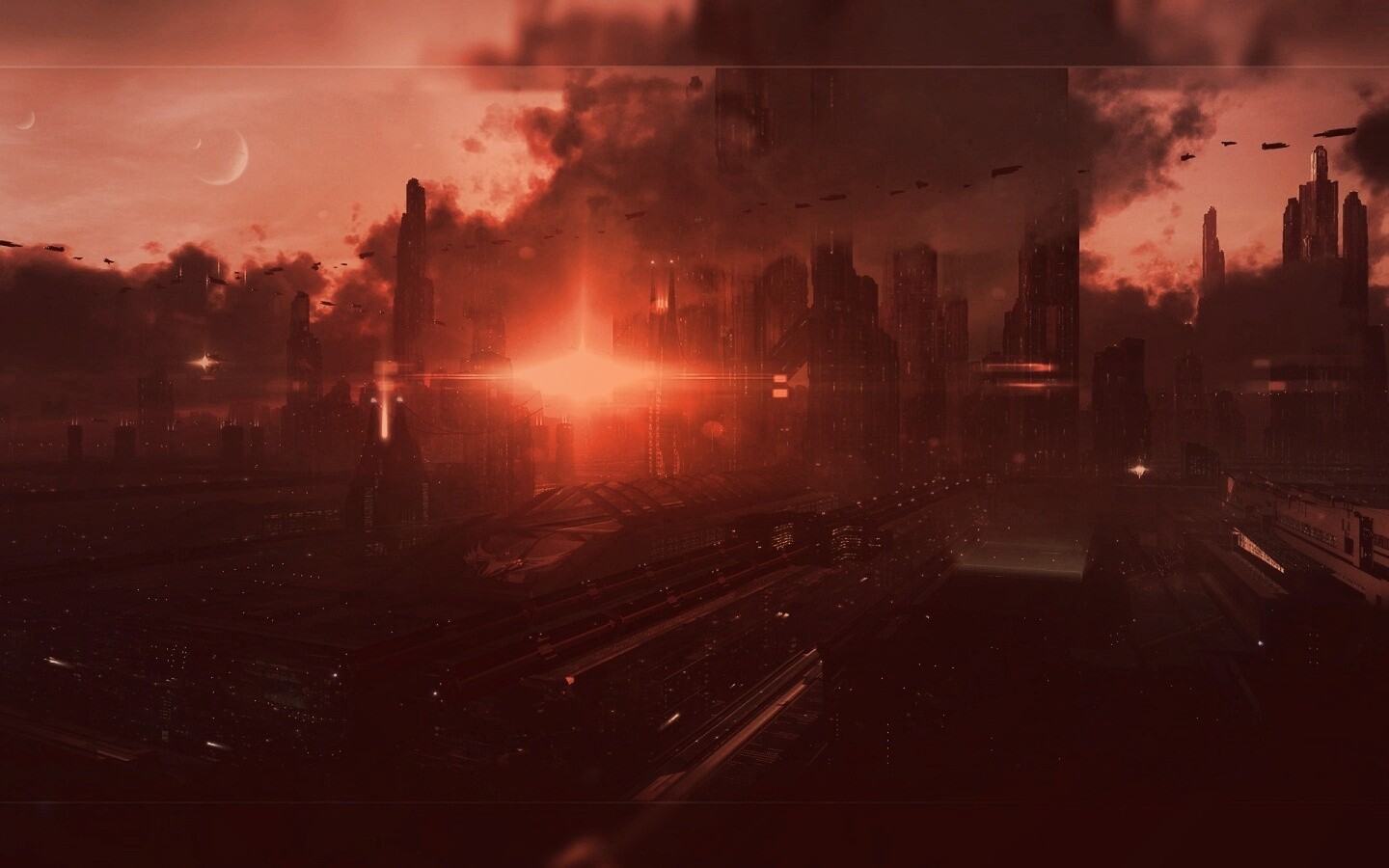 Закат в инопланетном городе обои