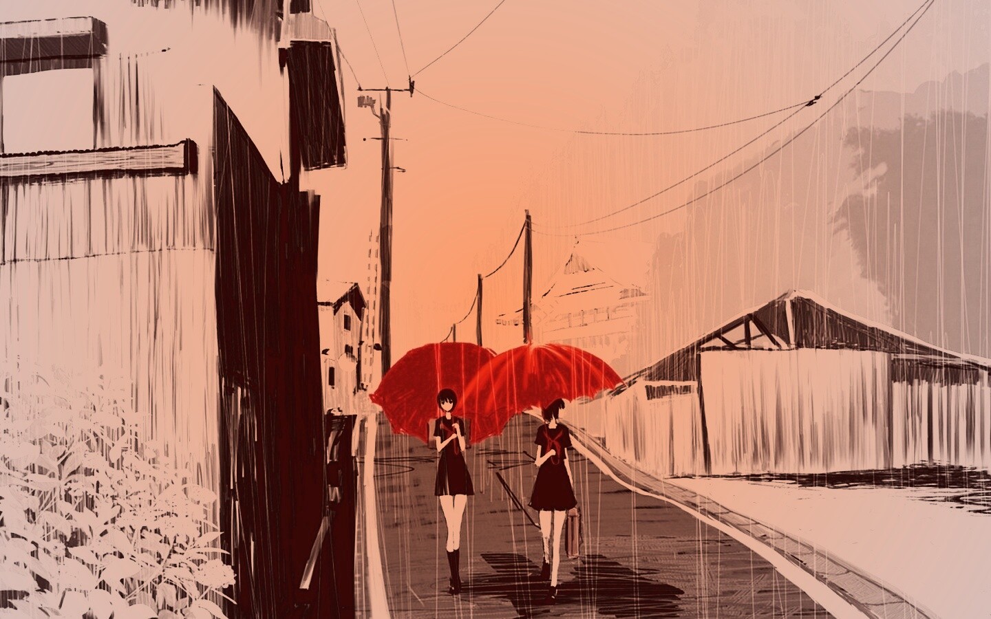Девушки с красными зонтами обои
