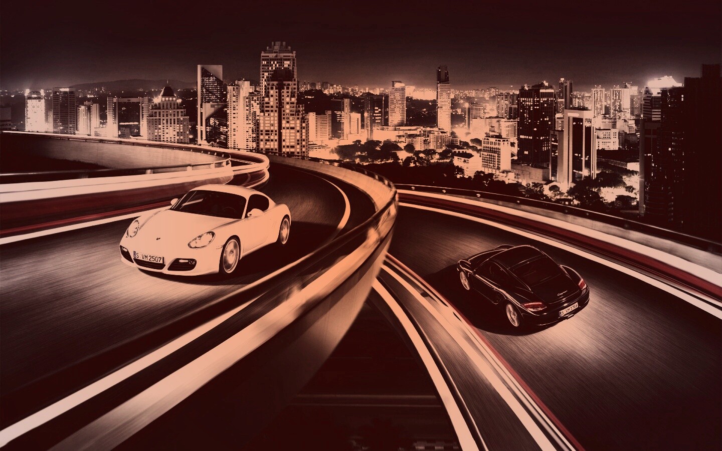 Черный и белый Porsche на автомагистрале. обои