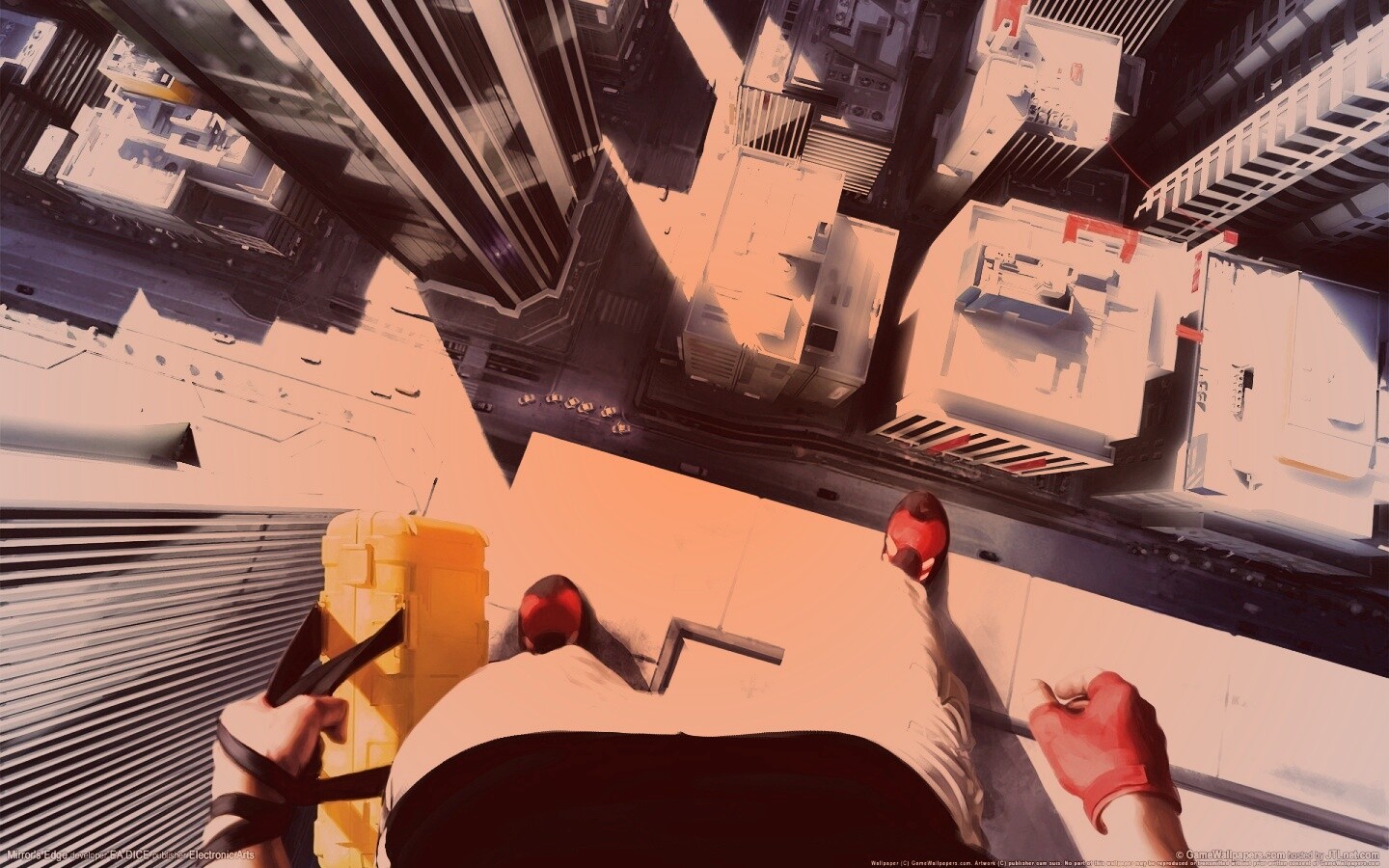 Фейт на краю небоскреба обои